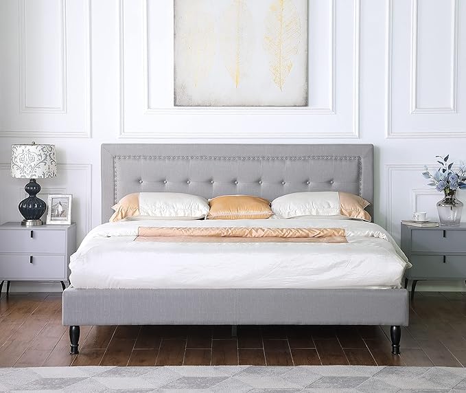 Athena Upholstered Platform Bed – Button Tufted Linen Headboard & Sturdy Frame