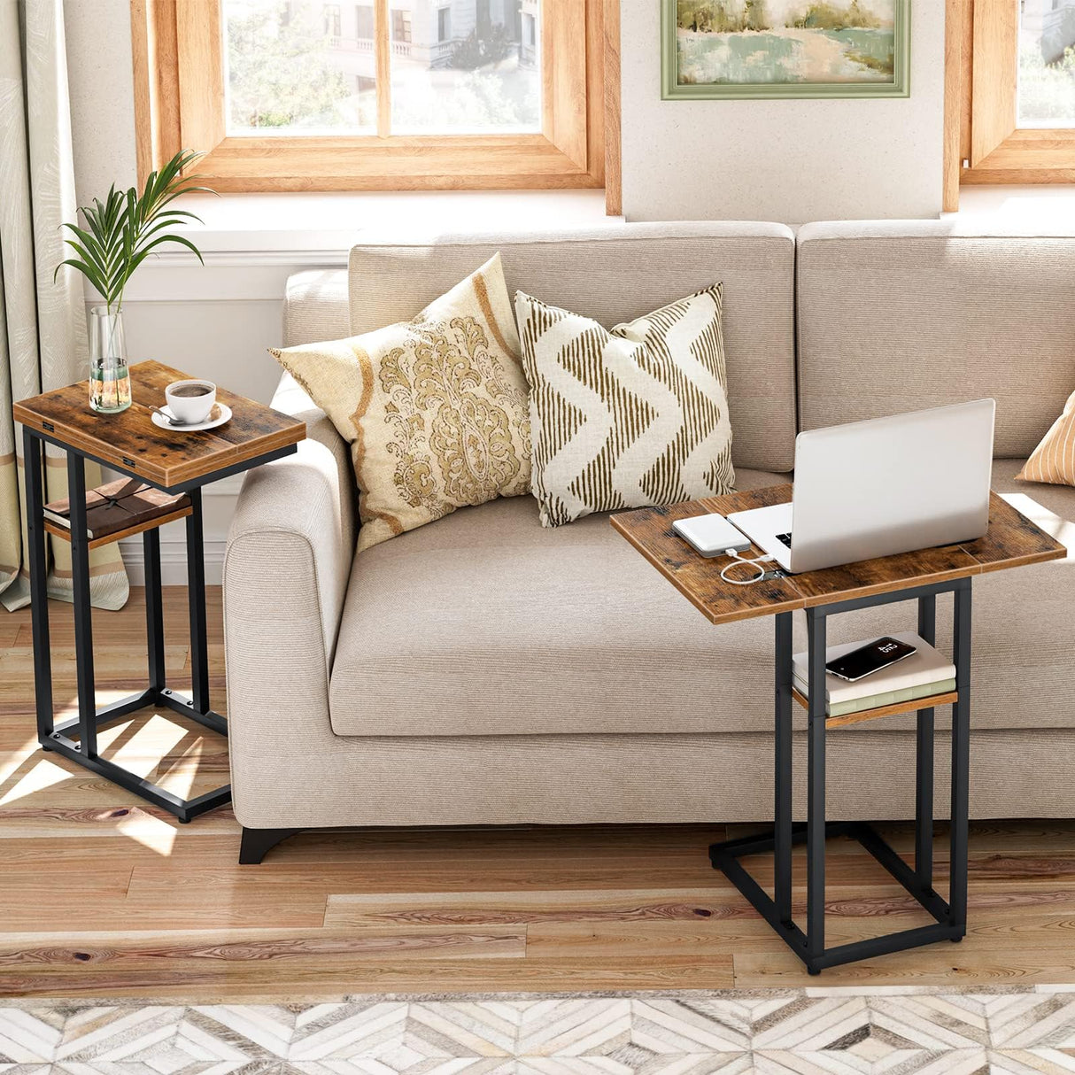 Foldable End Table, C Shaped Side Table with Storage Shelf, Small Snack Table Suitable