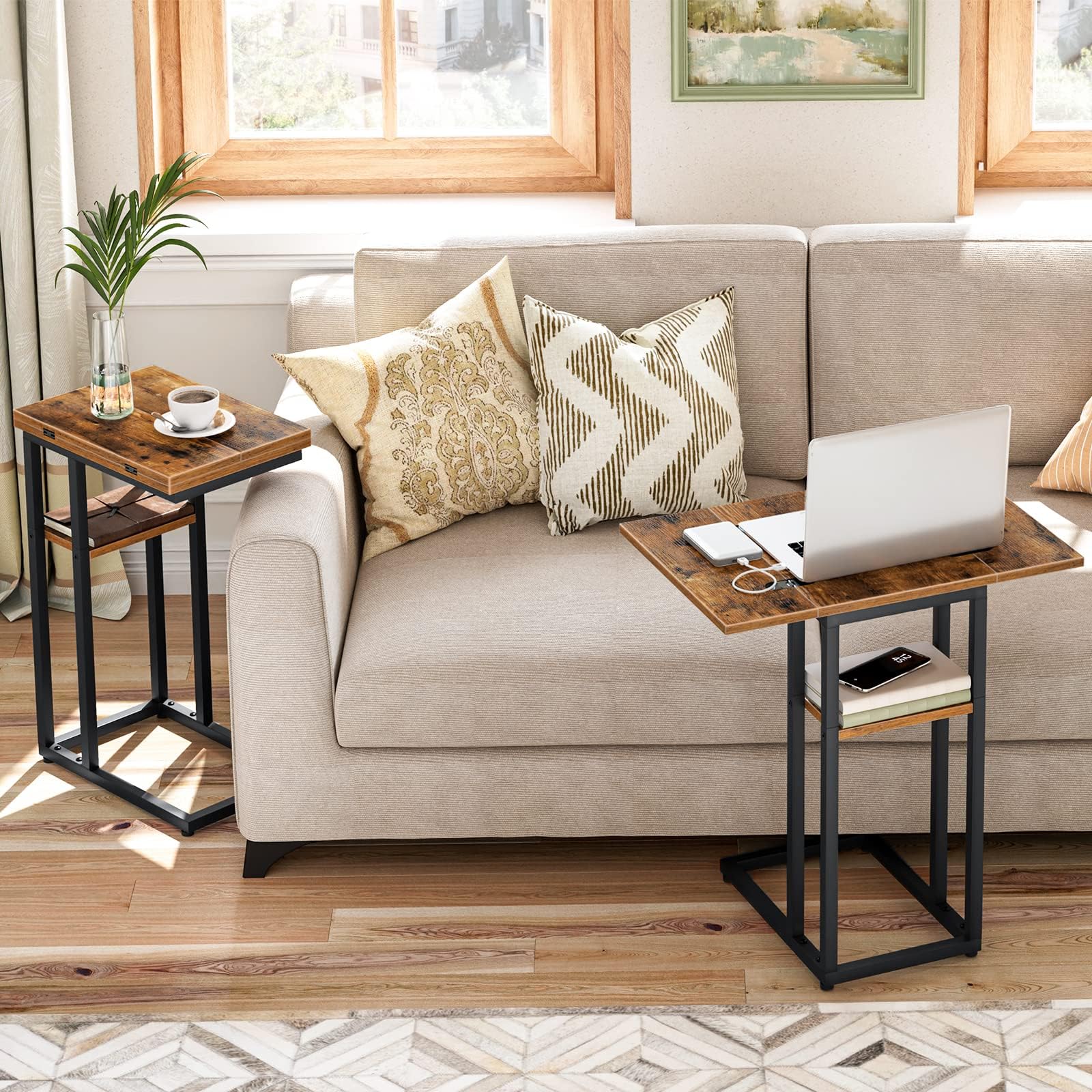 Foldable End Table, C Shaped Side Table with Storage Shelf, Small Snack Table Suitable