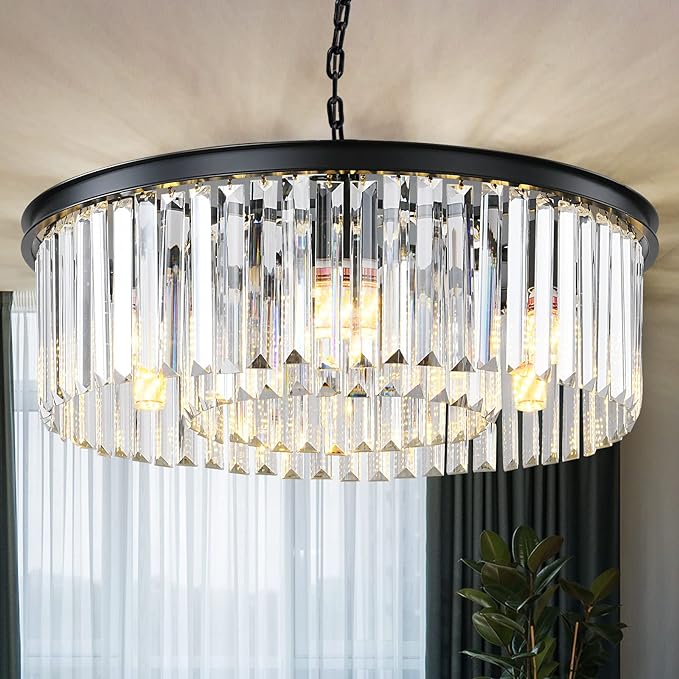 Gold Modern Crystal Chandelier, 2-Tier Round Flush Mount Ceiling