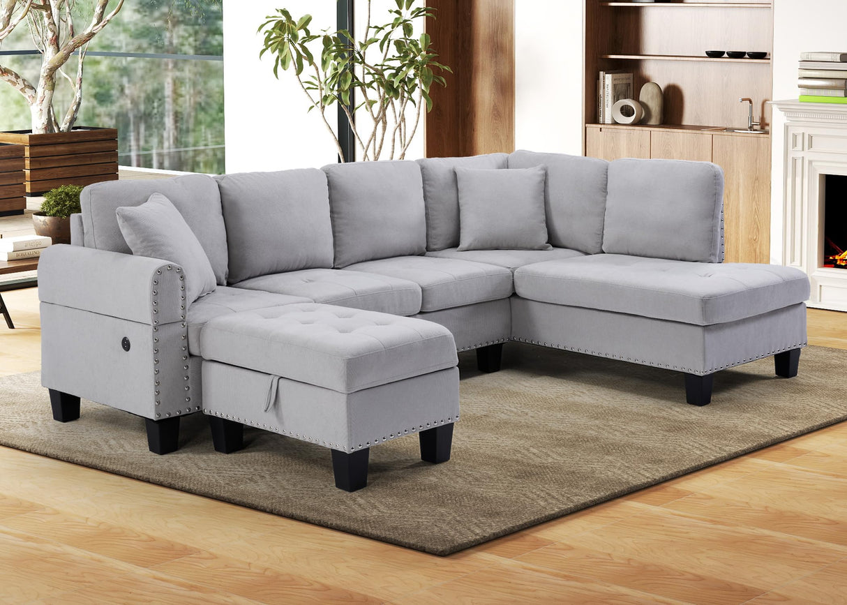 CANMOV 5-Seat Sectional Sofa with Chaise, Storage Ottoman, USB & Cup Holders