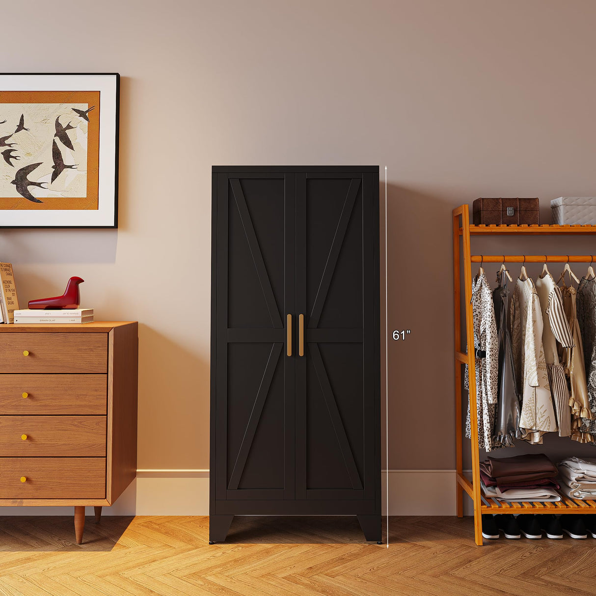 61" Tall Farmhouse Metal Pantry Cabinet, Kitchen Pantry Storage Cabinets