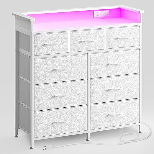 Dresser with LED Lights and Power Outlets, Tall Dresser for Bedroom