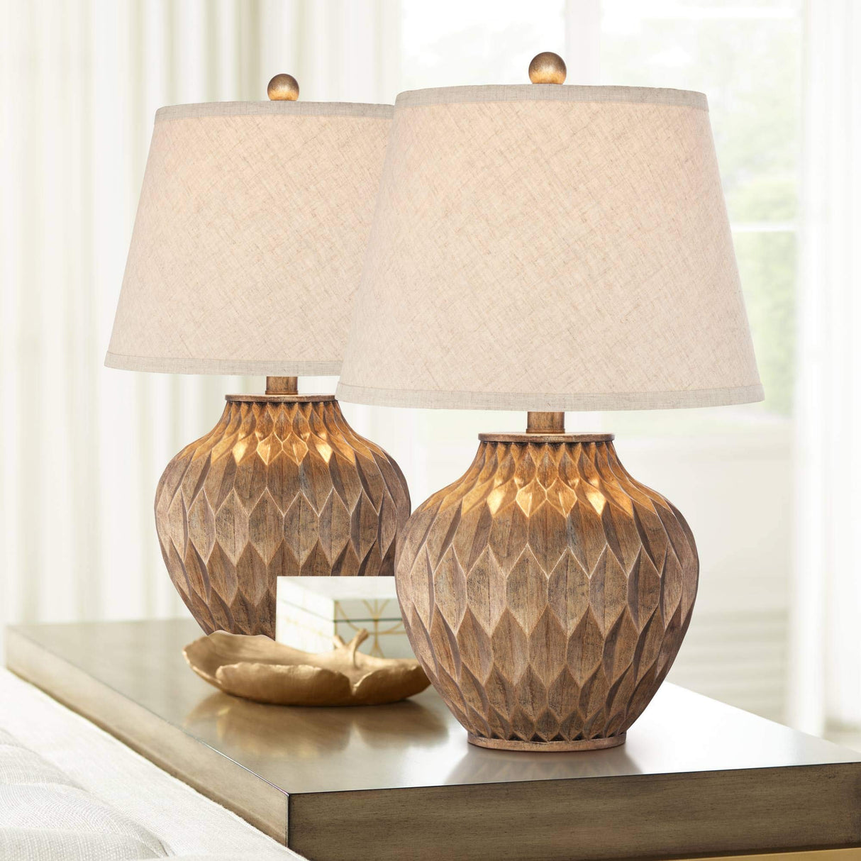 Traditional Style Small Accent Table Lamps 22" High Set of 2 Warm Bronze Geometric