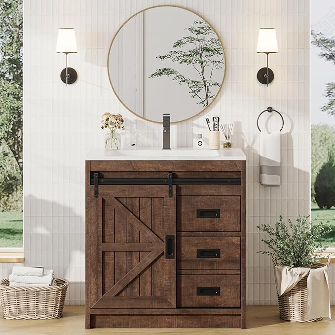 Sliding Barn Door Bathroom Vanity with Sink, 31in Farmhouse Bathroom Vanity Cabinet