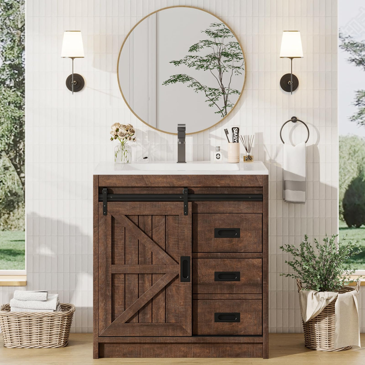 Sliding Barn Door Bathroom Vanity with Sink, 31in Farmhouse Bathroom Vanity Cabinet