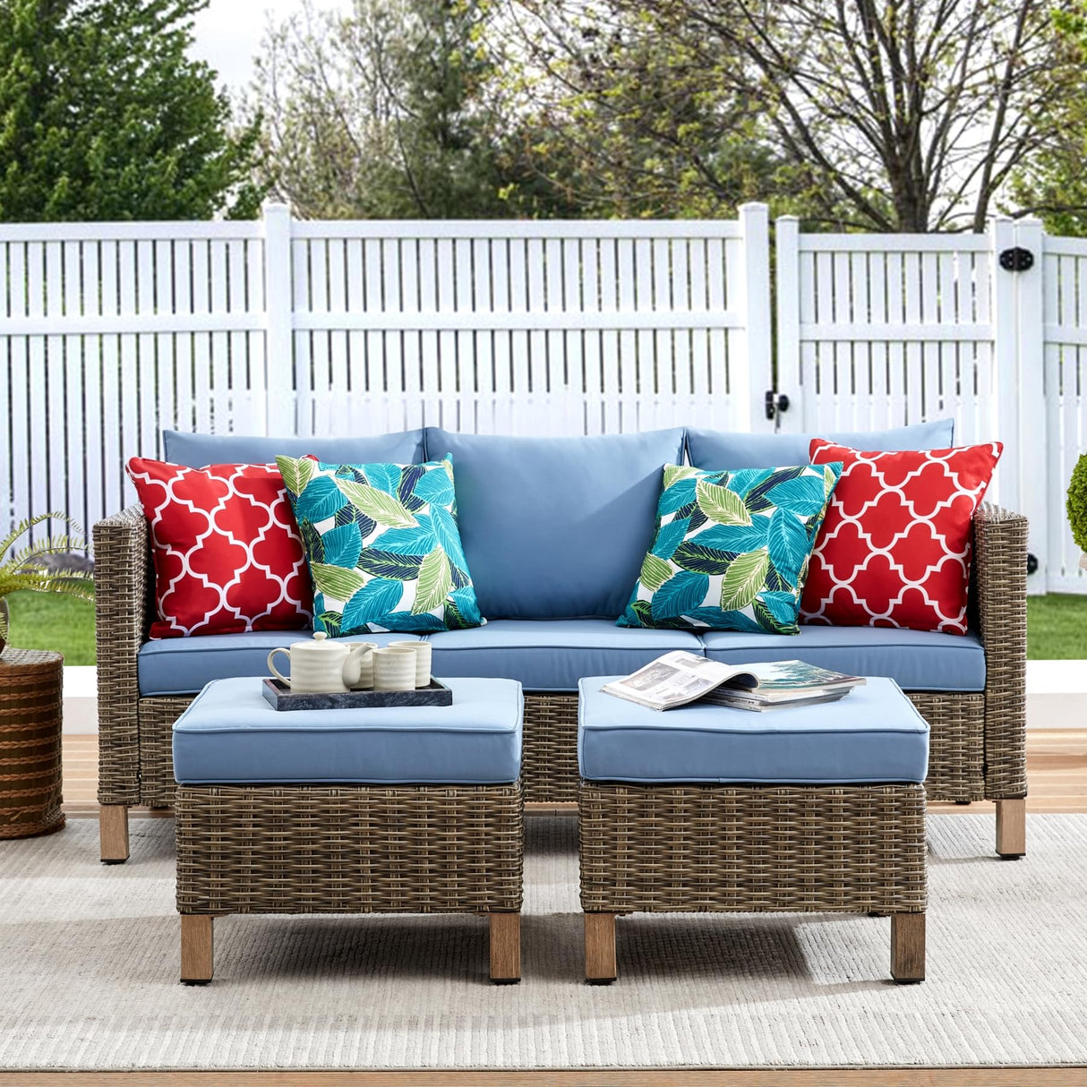 Outdoor 3 Pieces Wicker Conversation Set, PE Rattan Sectional 3 Seats Sofa