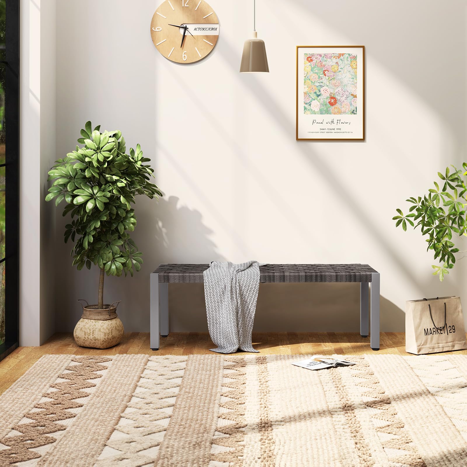 utdoor Bench, Hand-Woven Rattan Garden Bench, All-Weather Patio Bench