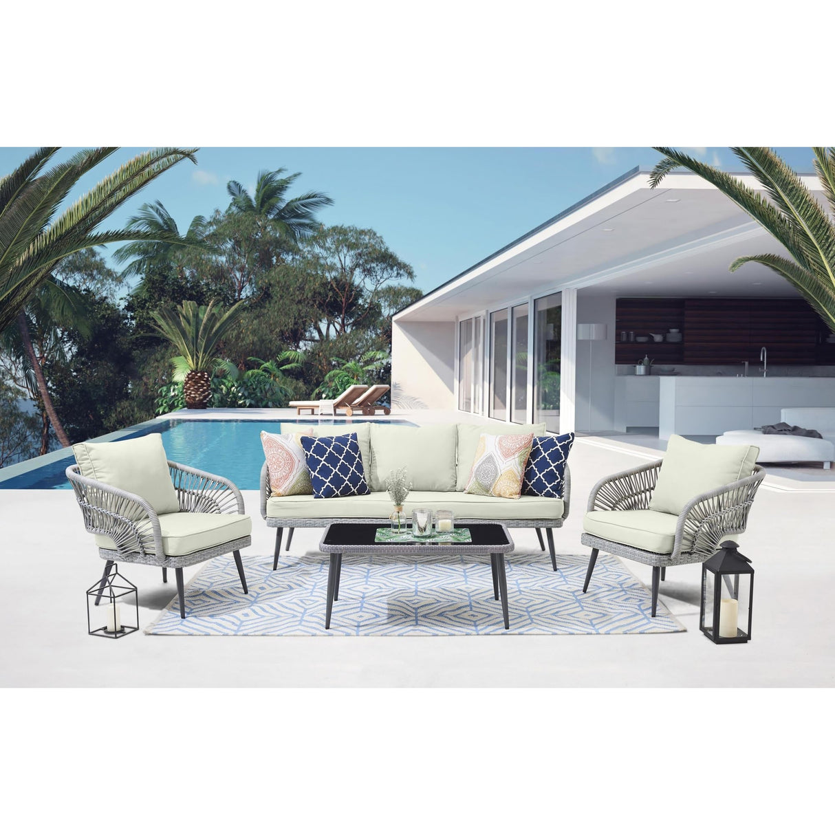 Riviera 4-Piece 5 Seater Patio Conversation Set with Cushions, Cream