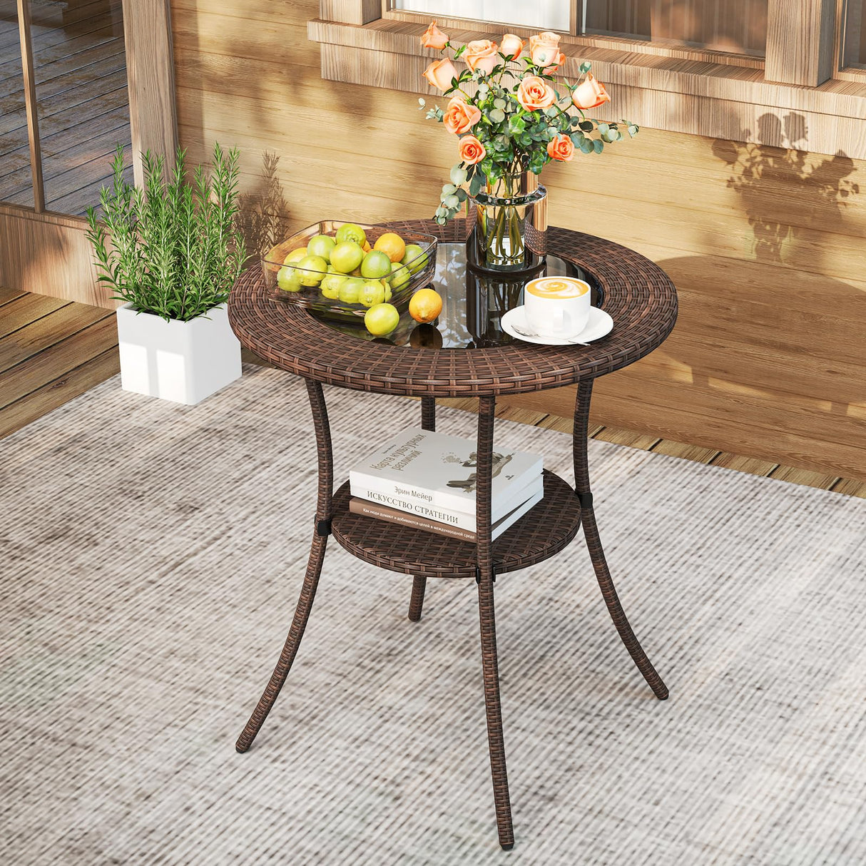 25.5" Wicker Patio Dining Table, Outdoor Round Bistro Side Table