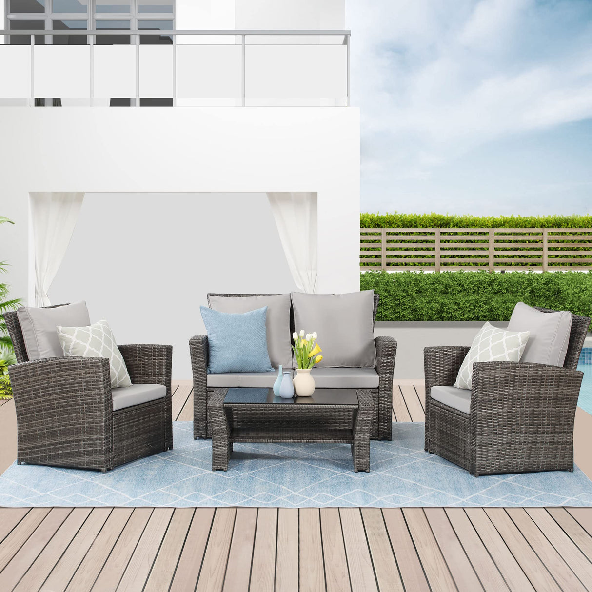 4 Piece Outdoor Patio Furniture Sets, Wicker Conversation Set for Porch Deck