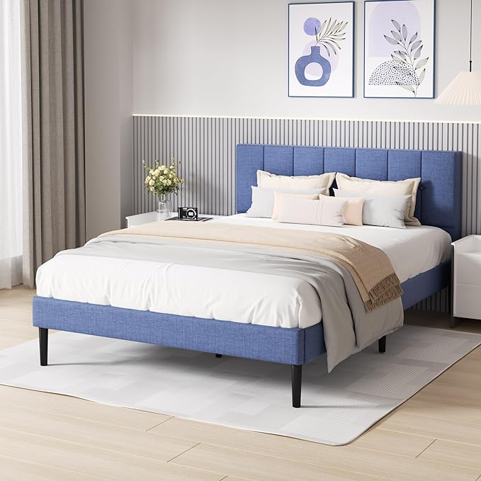 Full Bed Frame with Button Tufted Headboard, Fabric Upholstered Platform Bed Frame,