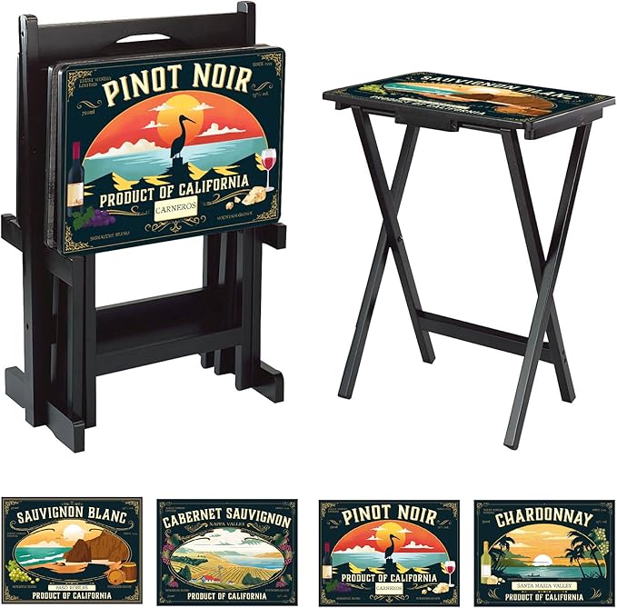 Tuscan Label Vintage TV Tray Table Set – Set of 4 with Stand