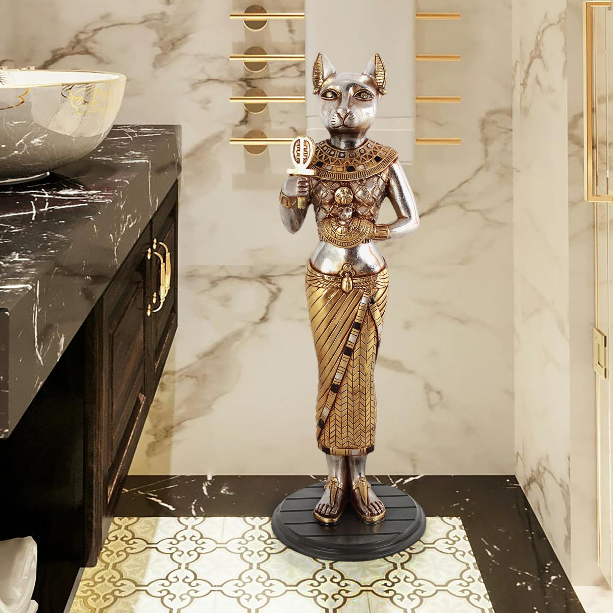 Bastet Cat Diety of Ancient Egypt with Royal Ankh Statue Figurine, 36 inches tall