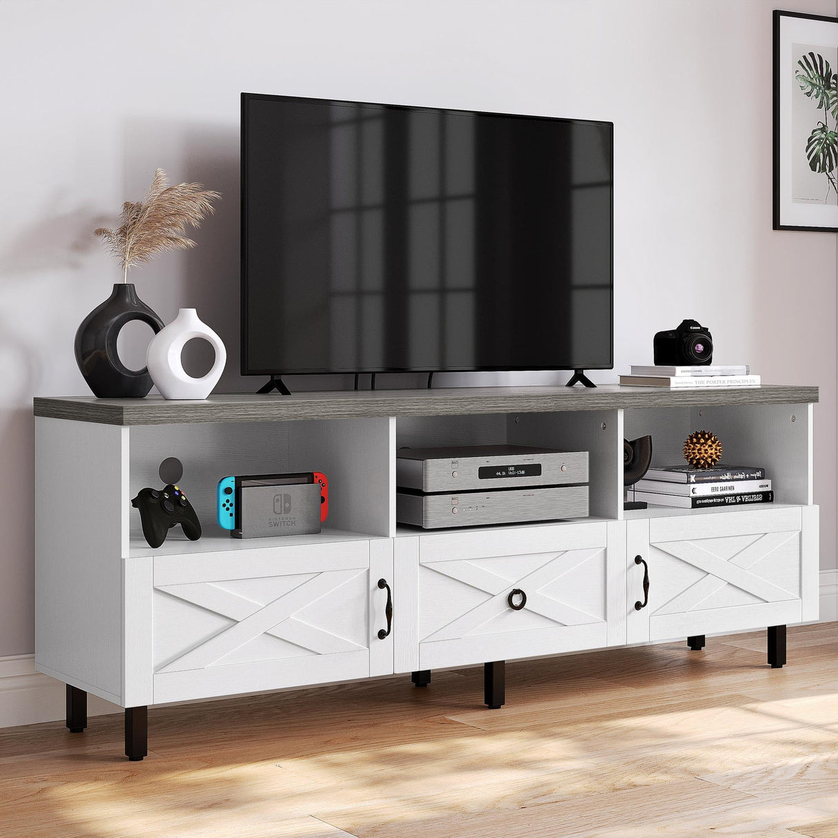 Stand for 75/65 Inch TV, Farmhouse Entertainment Center with Drawers and Storage TV