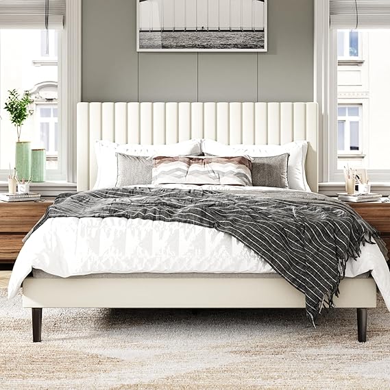 Queen Velvet Platform Bed Frame with Upholstered Headboard