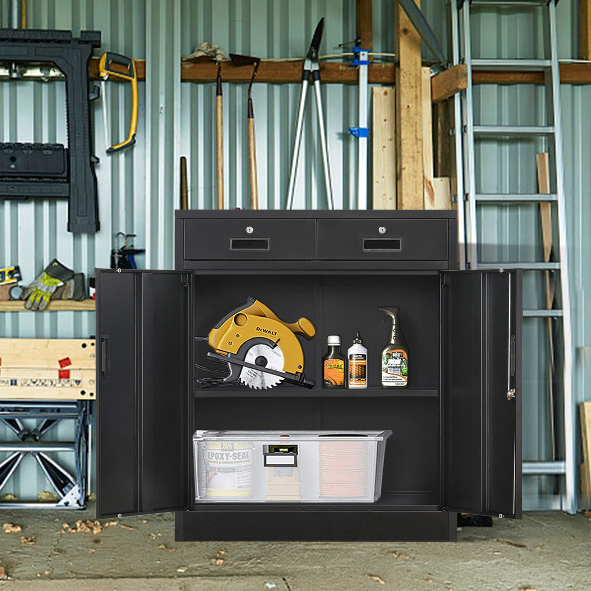 Metal Storage Cabinet, 36" H Locking Storage Cabinet with Two Drawers and Adjustable