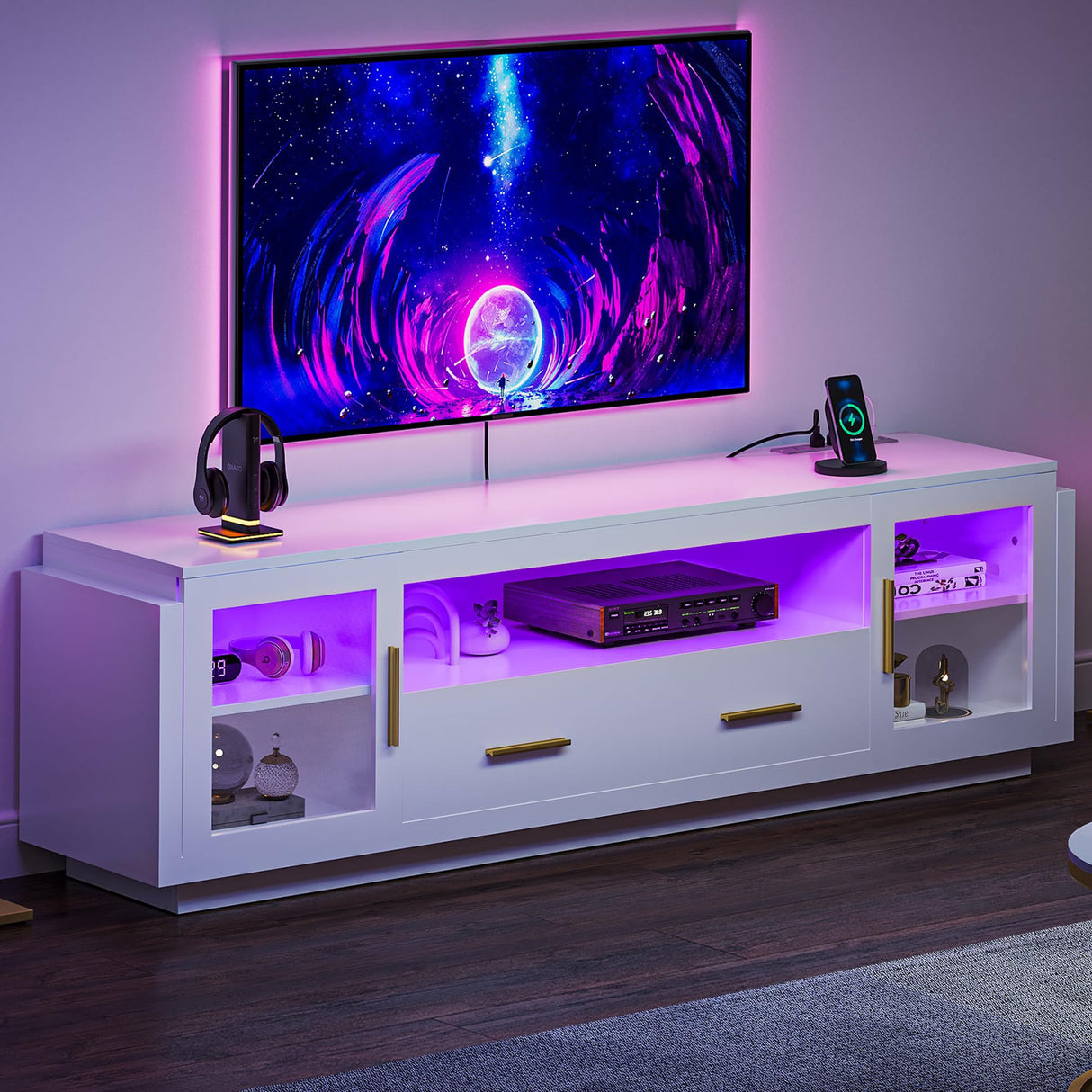 LED TV Stand with Power Outlets, Modern Entertainment Center Media Console