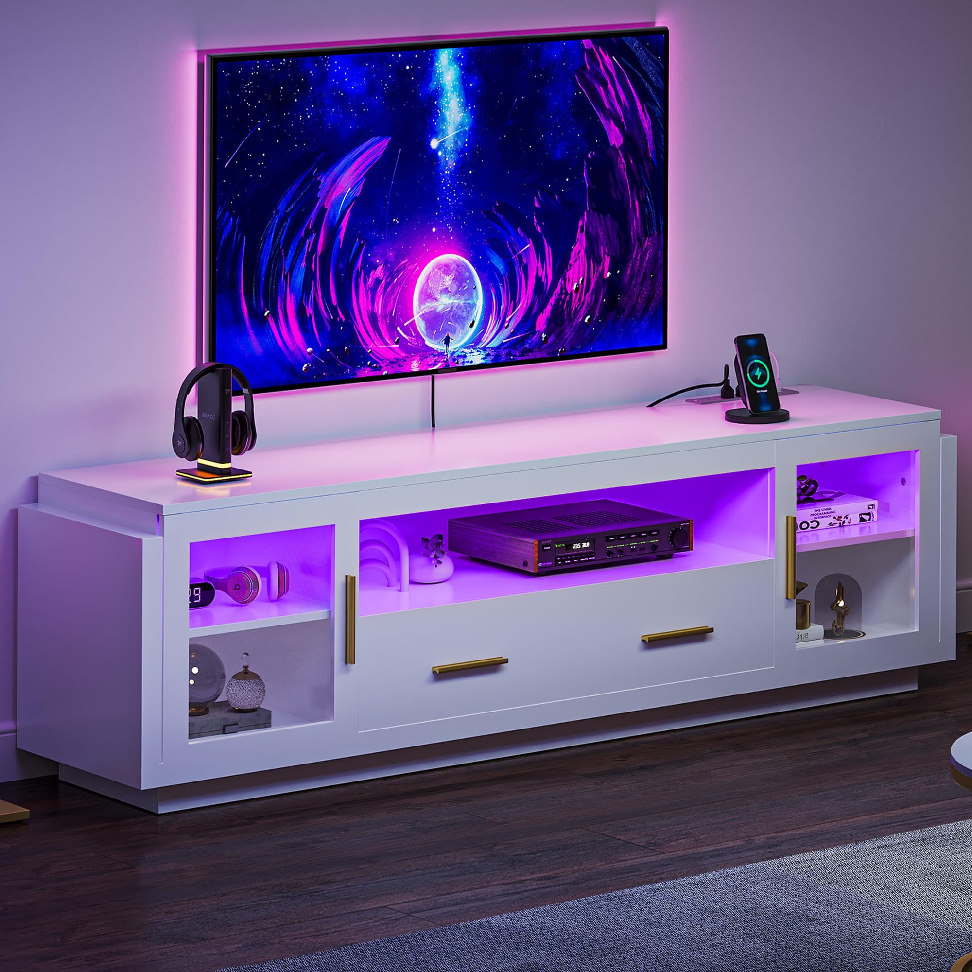 LED TV Stand with Power Outlets, Modern Entertainment Center Media Console