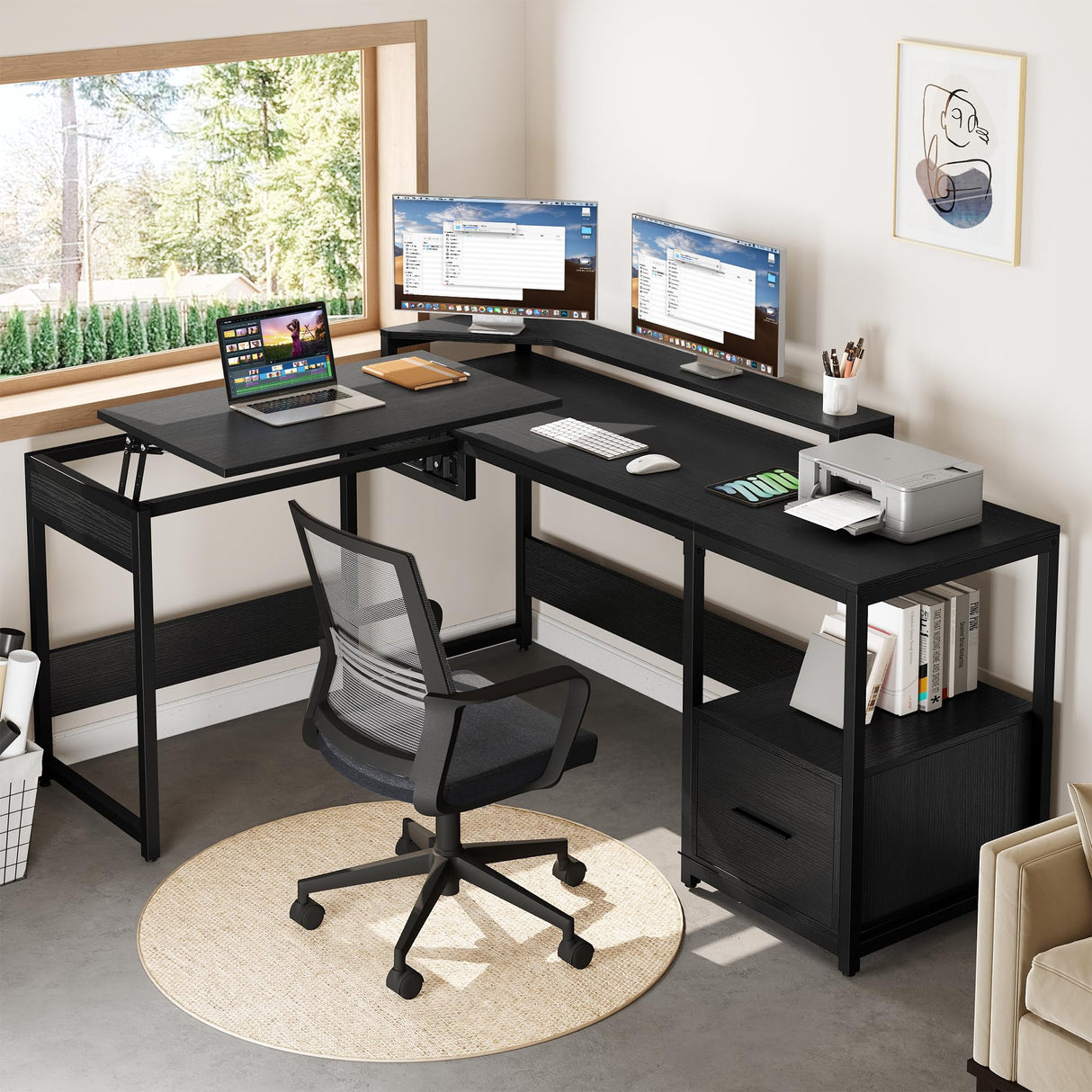L Shaped Desk with File Drawer, 65" Large Computer Desk Corner Desk with Lift Top