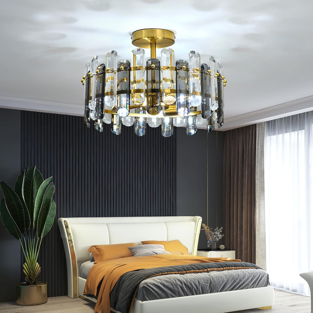 Light Crystal Ceiling Light Fixture Modern Gold Semi Flush Mount Ceiling Light Metal Close