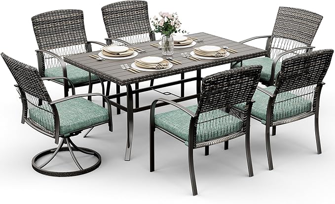 7 Piece Patio Dining Set for 6,Wicker Outdoor Furniture Set for Backyard Garden Deck Poolside