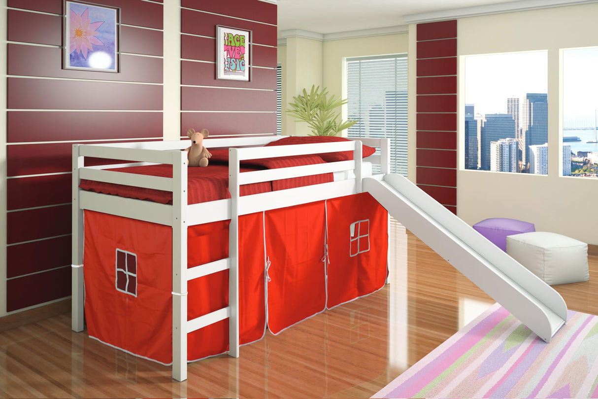 Tent Twin Low Loft Bed with Slide and Red Tent, White Finish