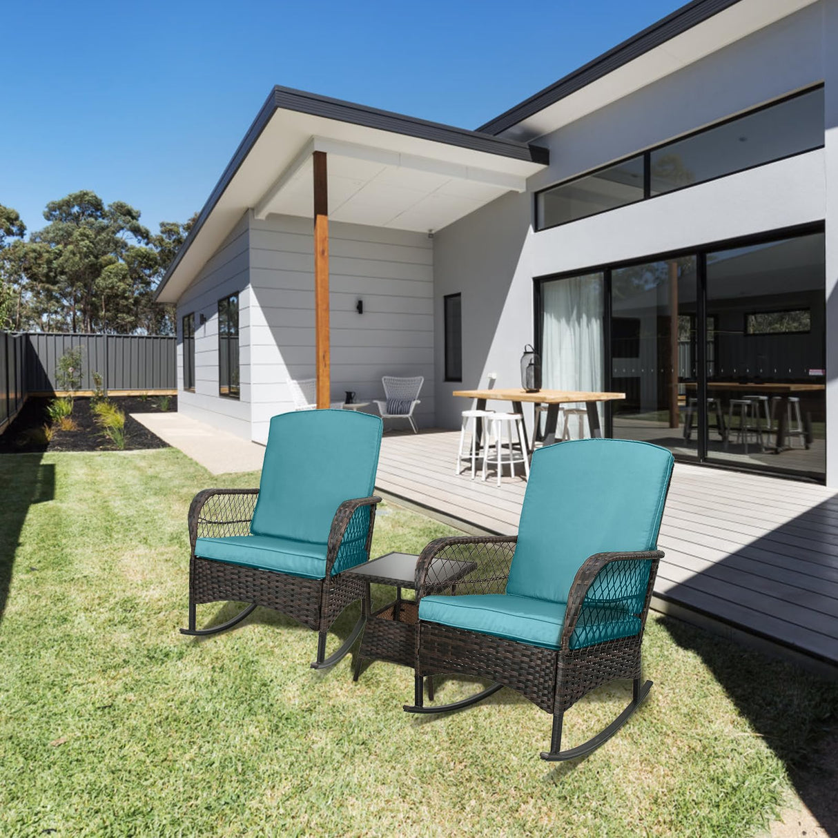 3 pcs Rocking Bistro Set Conversation Chairs PE Wicker Outdoor Rocking Chairs