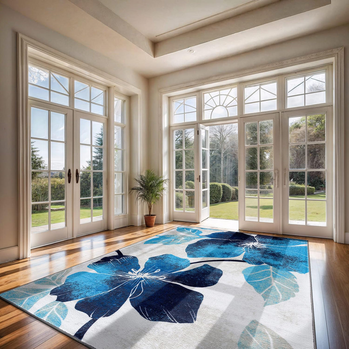 Solana Modern Floral 7'10" x 10'3" Area Rugs Non-Skid (Non-Slip) Rubber Backing Blue