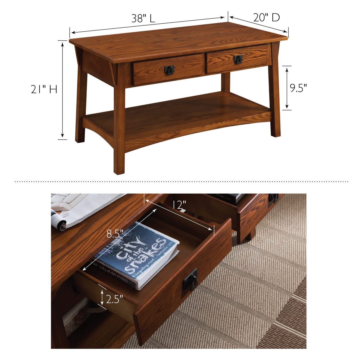 10055-RS Mission Coffee Table for Living Room, Two Drawers and Shelf