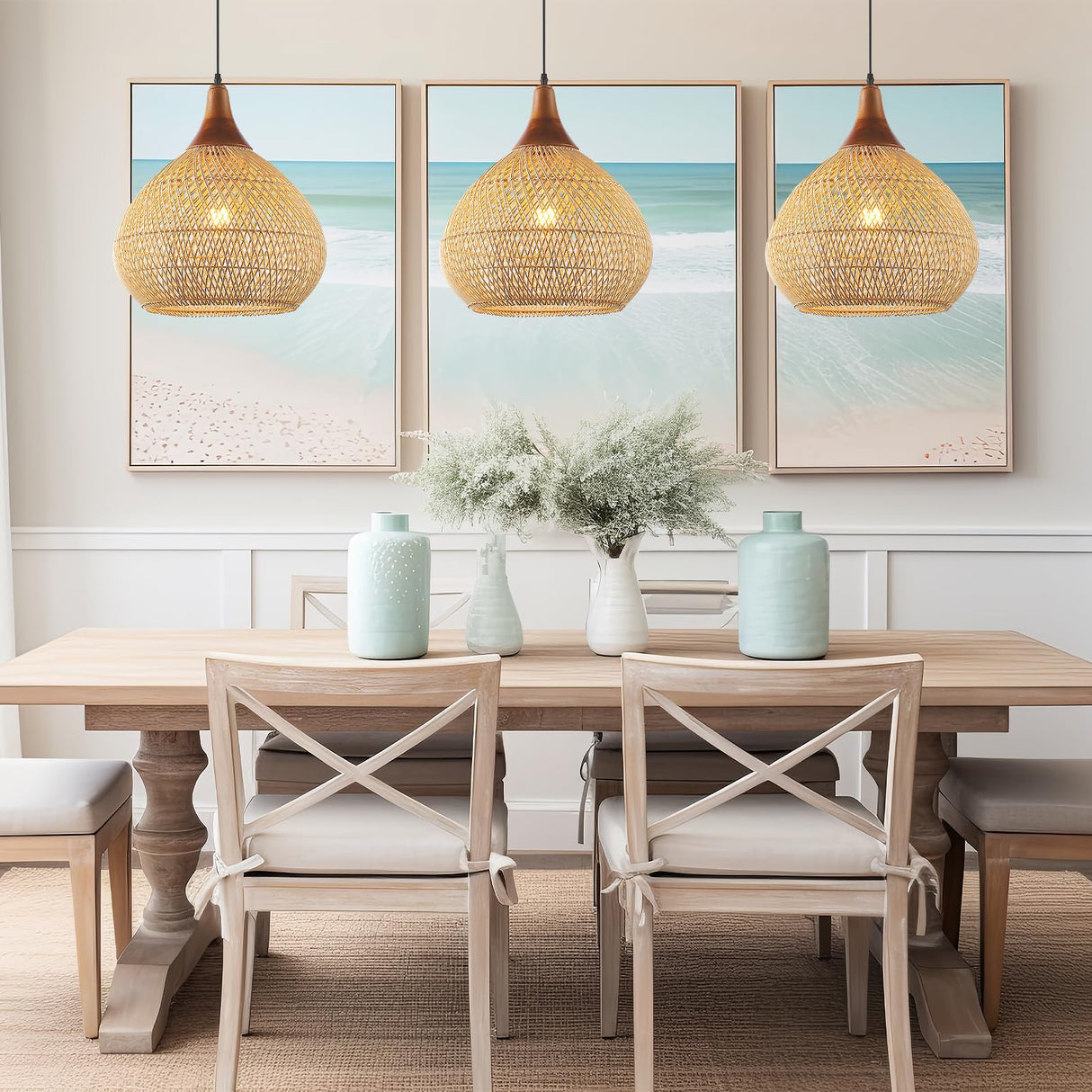 Karjearl Rattan Pendant Light, 15.7" Rattan Chandelier Hand-Woven Boho Pendant Light Fixtures with Solid Wood, Basket Wicker Chandelier for Dining Room Kitchen Island Living Room