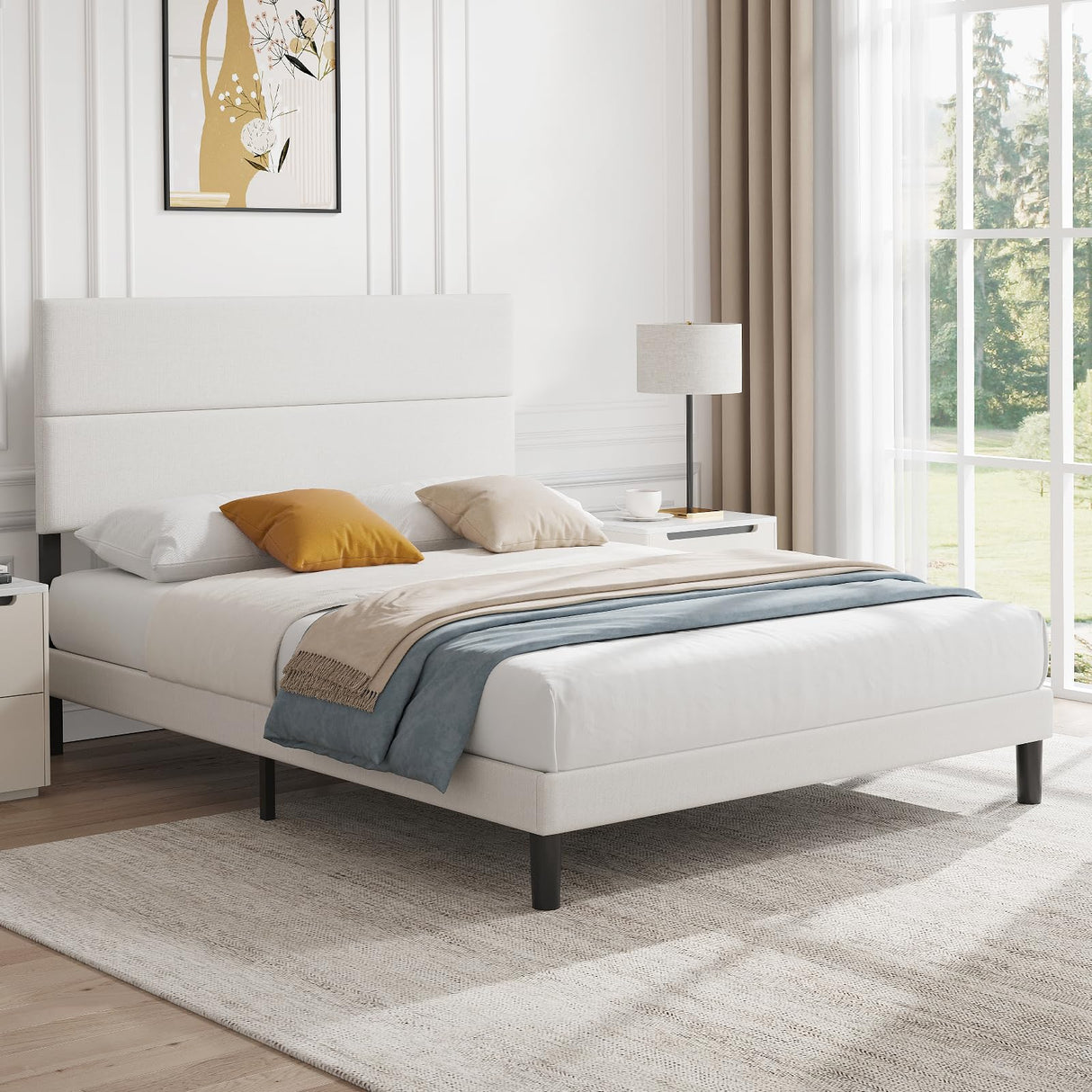 Queen Size Bed Frame, Upholstered Platform Bed with Adjustable Headboard