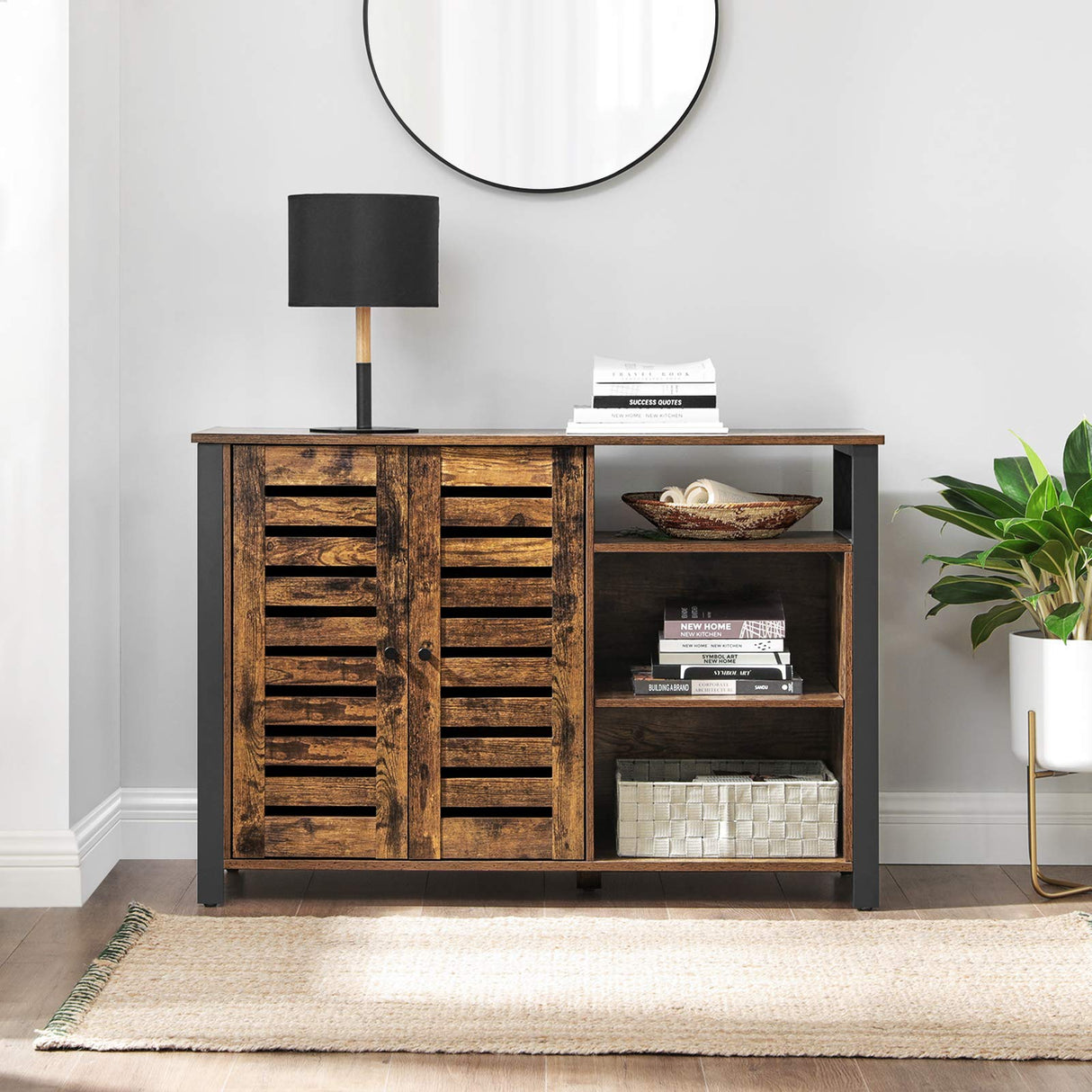 Lowell Storage Cabinet, Sideboard with Adjustable Shelves and Louvered Doors, Industrial,