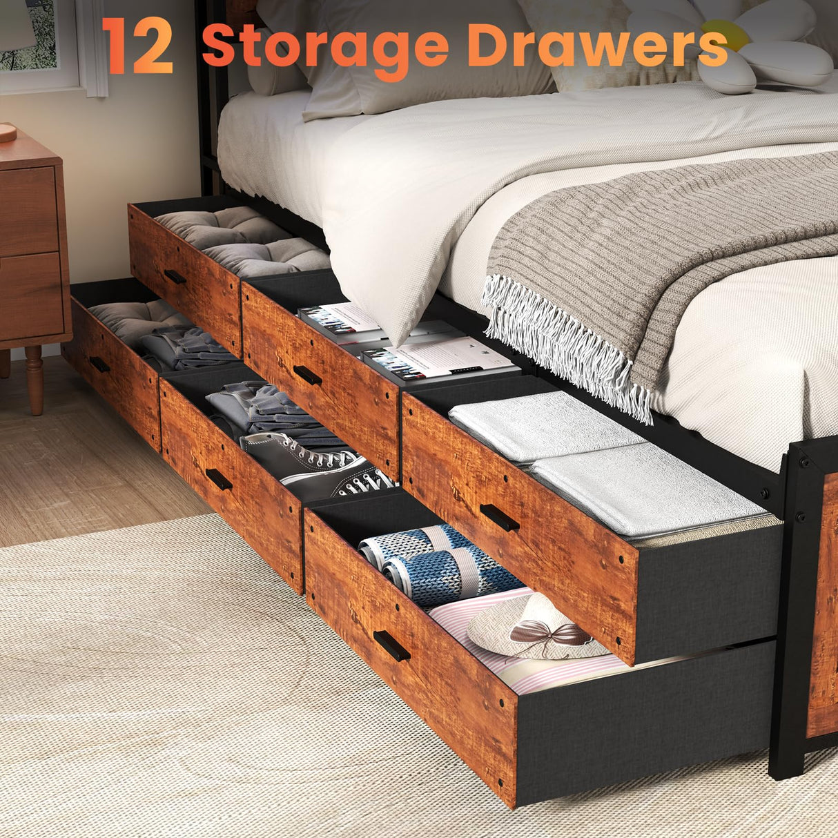 Queen Size Bed Frame with 12 Storage Drawers and LED Headboard