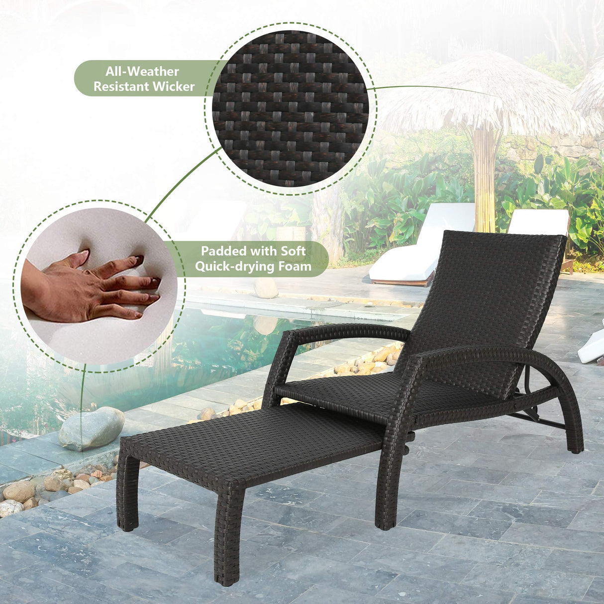 Iwicker Patio Convertible Handwoven Rattan Chaise Lounge Chairs Outdoor Steel Frame Wicker Adjustable Recliners with Quick Dry Foam Filling, Set of 2