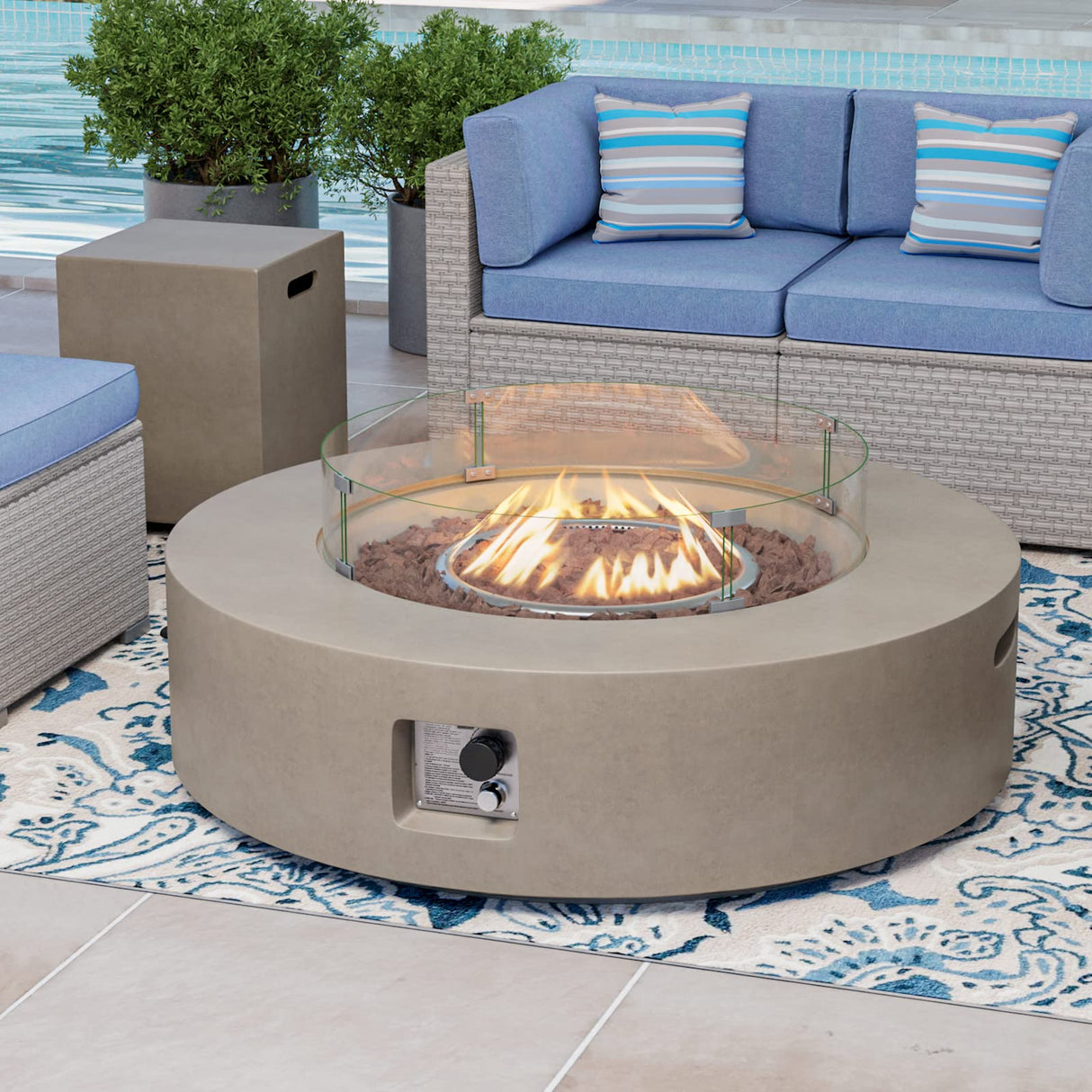 COSIEST 2 - Piece Outdoor Propane Firepit Table Set w Tank Table, CSA Certified 40.5" Fire Table CSA Certified, 50,000 BTU w Gray Round Base,Wind Guard and 16 inches Tank Side Table 20lb for Garden,Pool - Bircata