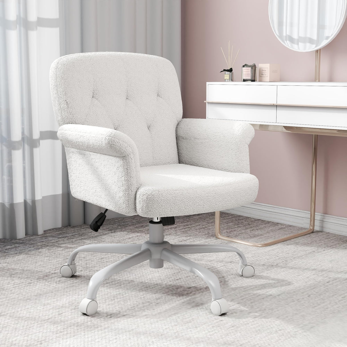 Upholstered Fuzzy Office Chair with Wheels and Arms - White