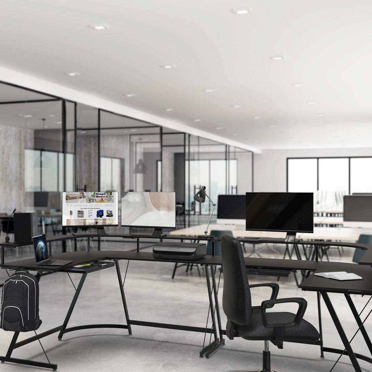 L Shaped Gaming Desk with Full Around Monitor Stand and Drawer, Black