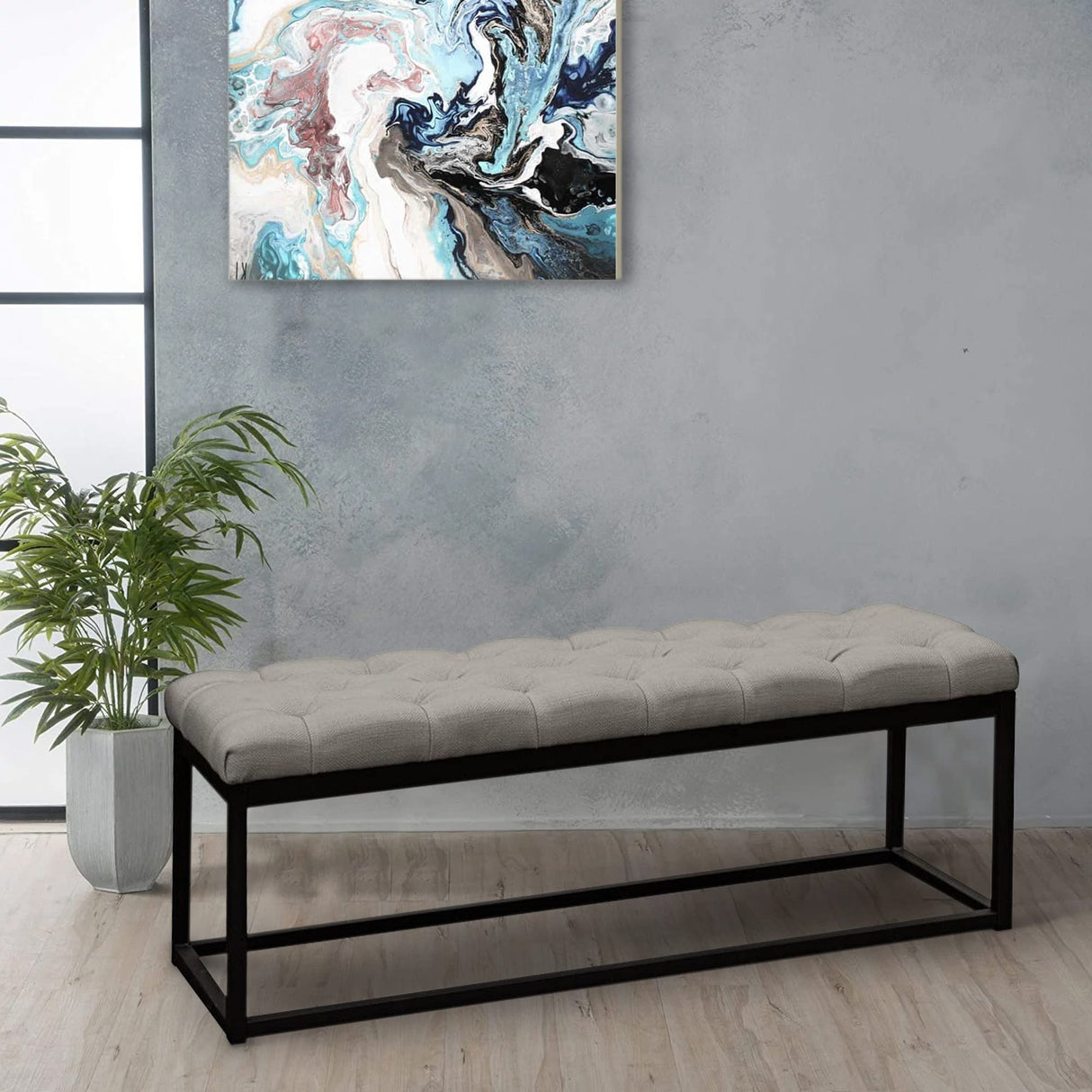 Benzara Metal Bench with Diamond Tuft Details