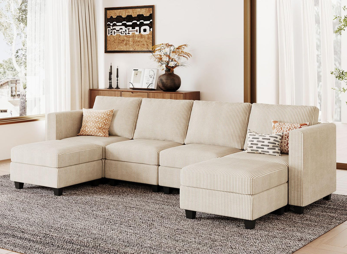U Shape Couch with Storage Ottoman Corduroy Sectional Couch