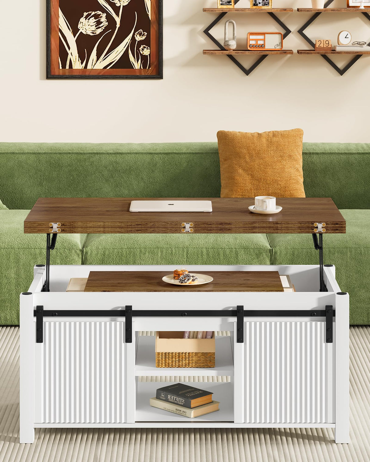 39.4" Lift Top Coffee Table, 4 in 1 Coffee Table, Farmhouse Convertible Coffee Tables