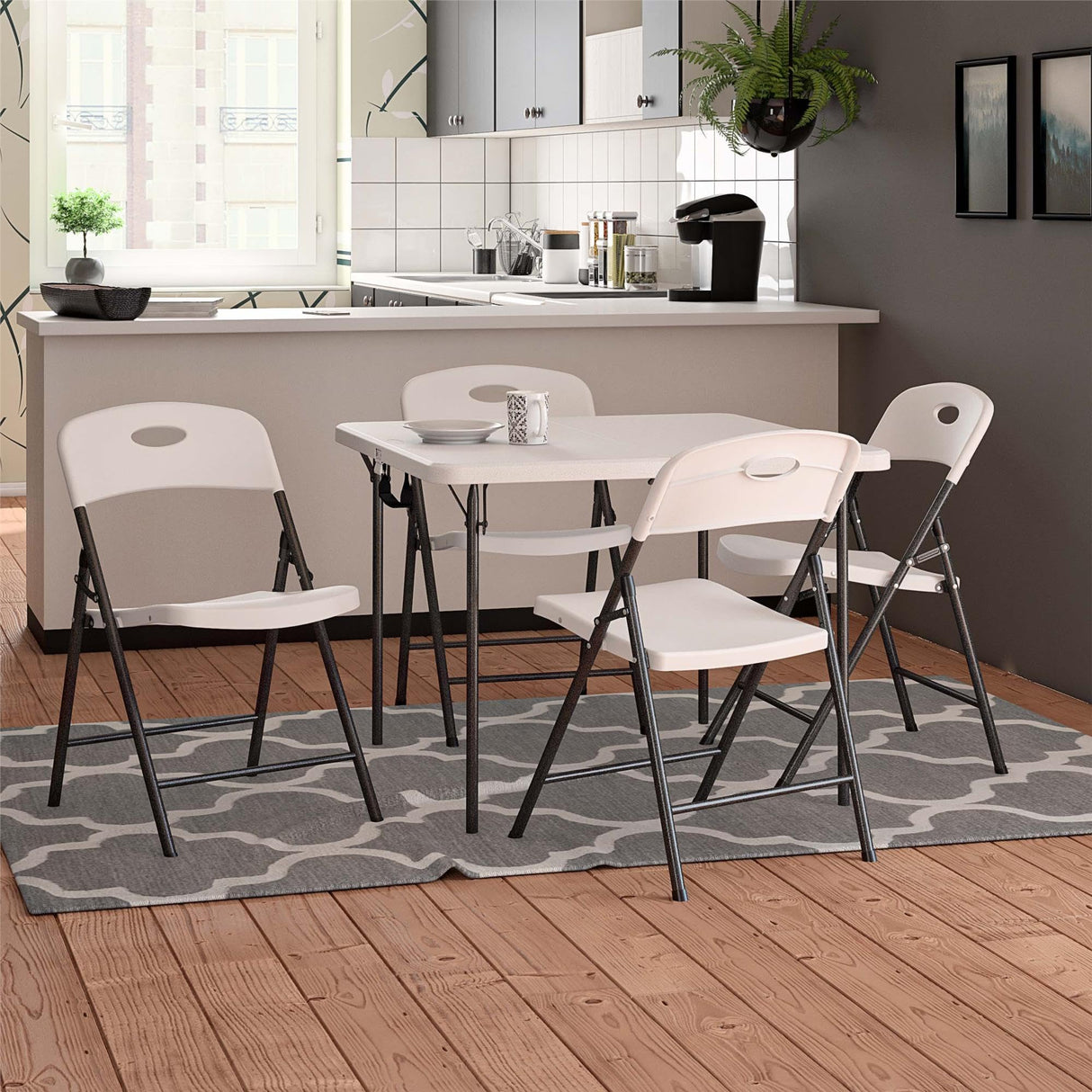 XL 5-Piece Indoor/Outdoor Dining Set w/ 36" Fold-in-Half Card Table w/Handle, White