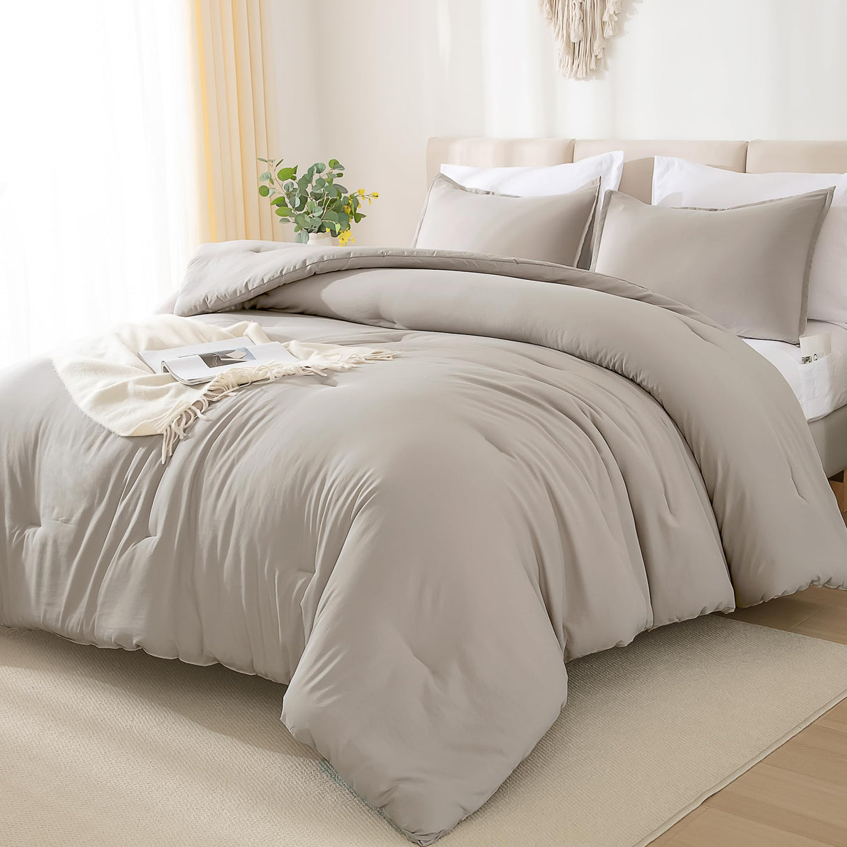 Queen Comforter Set - 7 Pieces Bed in a Bag Queen Bedding Comforter Sets Oatmeal,