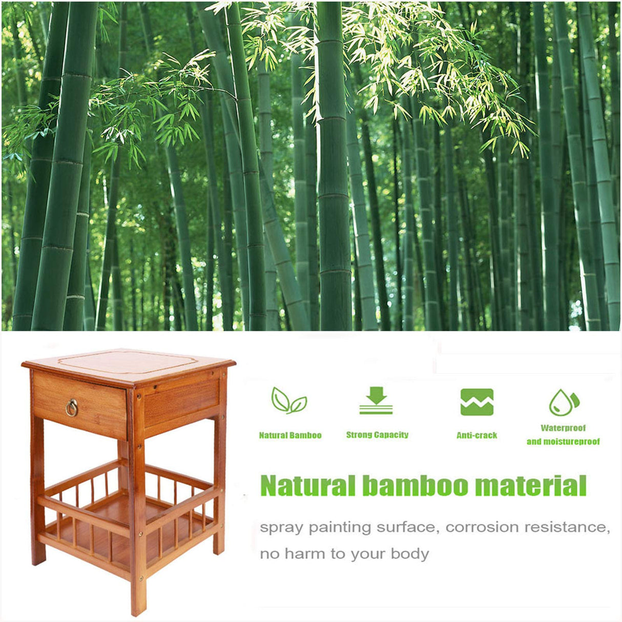 Bamboo End Side Table Nightstand with Drawer for Bedroom