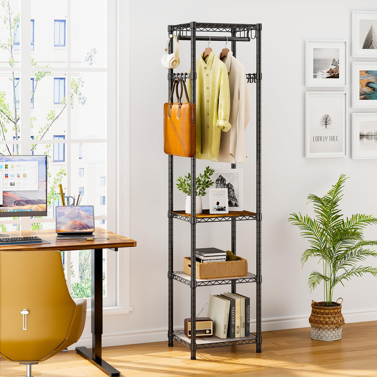 Coat Rack Freestanding, Hall Tree with 4 Storage Shelves and 16 Hooks, Coat Rack Stand