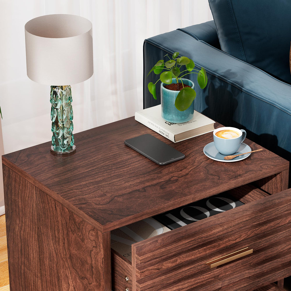 Night Stands, Fluted Bedside Table with Drawer, Mid Century Modern Nightstand, End Table Bed Side Tables for Bedroom, Accent Tables with Wood Legs, Brown 1pc