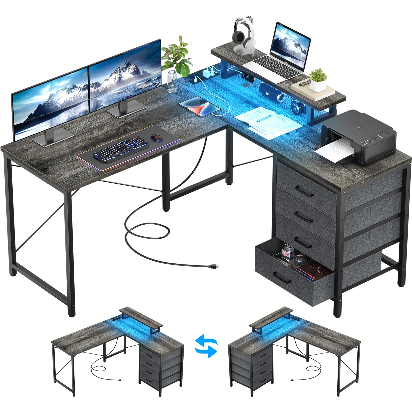 L Shaped Desk with Drawers & Power Outlets, Reversible Computer Desk with LED