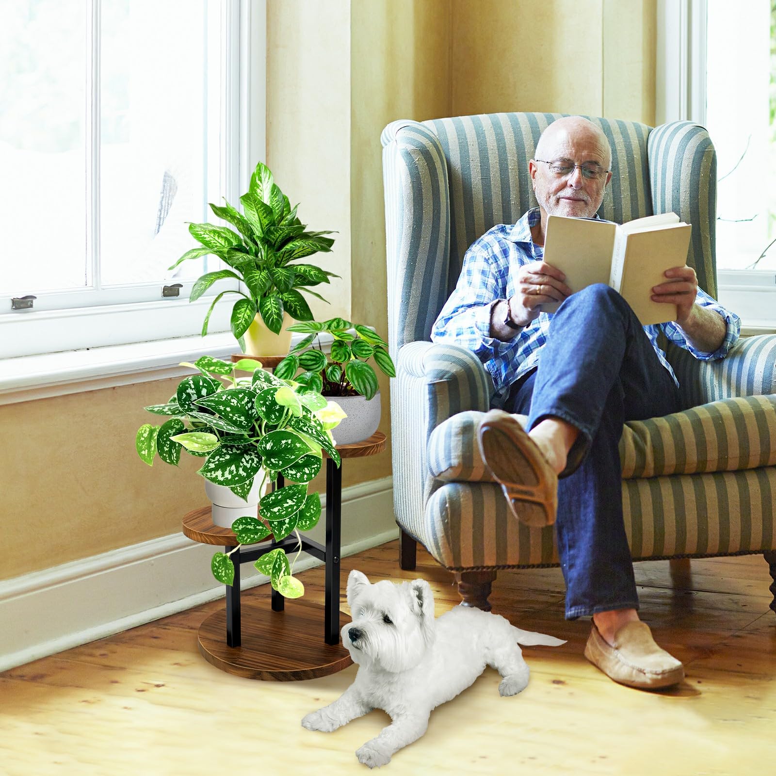 AUGOSTA 3 Tier Plant Stand, Tall Metal Wood Shelf Holder for Indoor, Outdoor Display Rack Flower Pot Stand for Corner Living Room Balcony Garden Patio