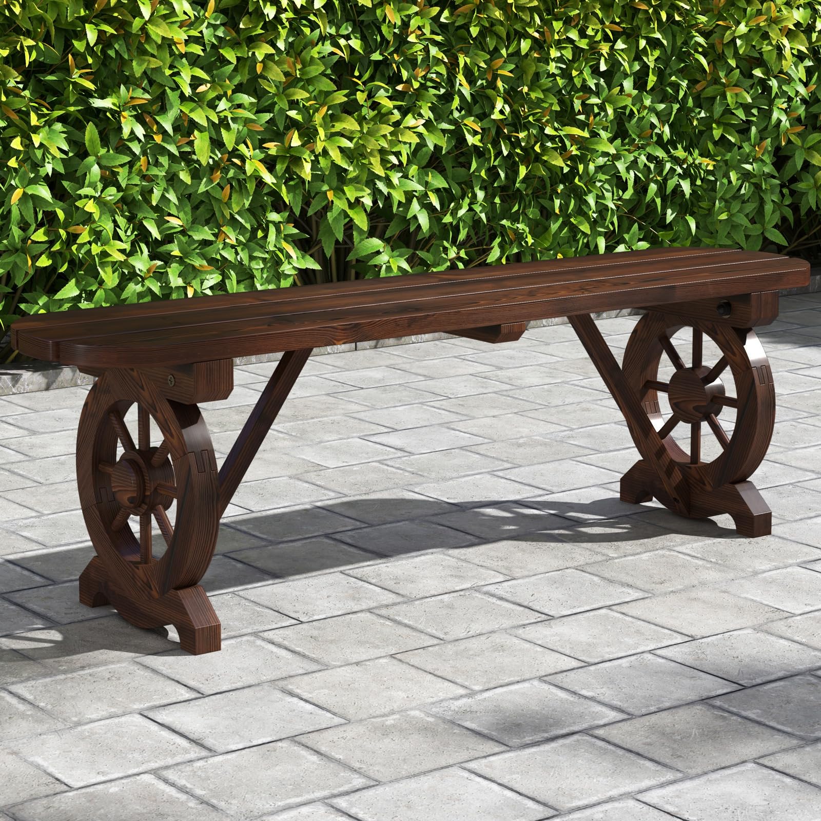 Patio Rustic Wood Bench, Carbonized Wood Long Bench with Wagon Wheel Basce