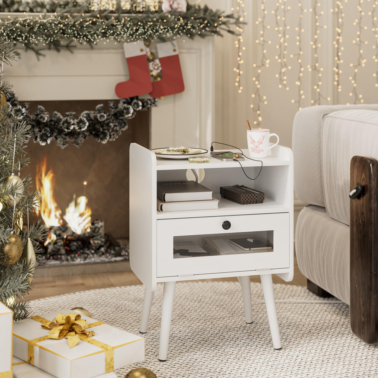 Nightstand with Charging Station,Mid-Century Modern Bedside Table with Storage Drawer